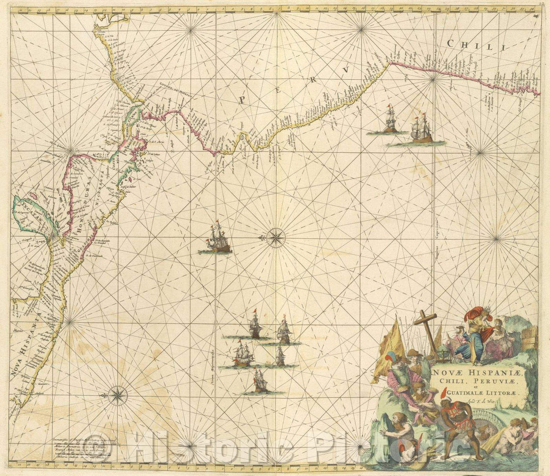 Historic Map : Novae Hispaniae, Chili, Peruviae, et Guatimalae Littorae. apud F. de Wit, 1680 , Vintage Wall Art