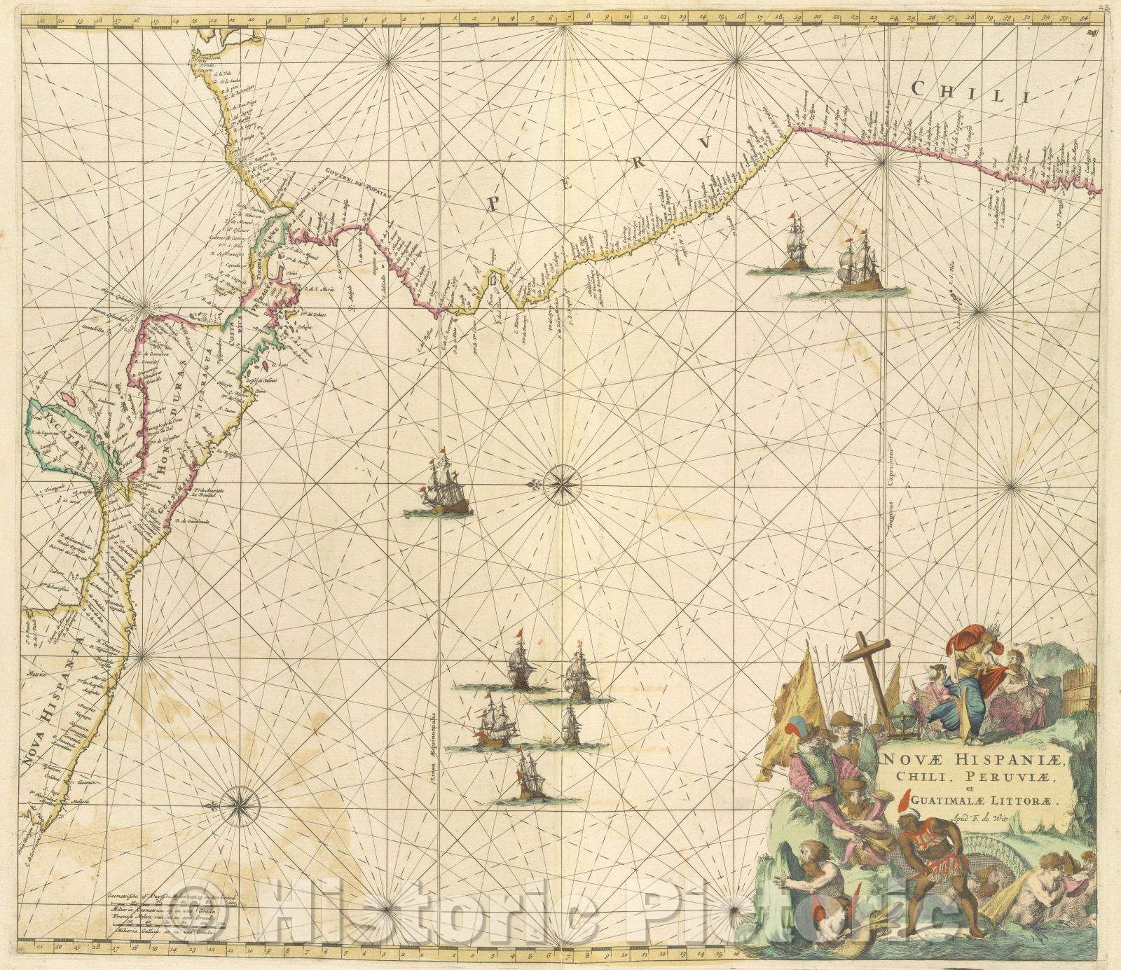 Historic Map : Novae Hispaniae, Chili, Peruviae, et Guatimalae Littorae. apud F. de Wit, 1680 , Vintage Wall Art