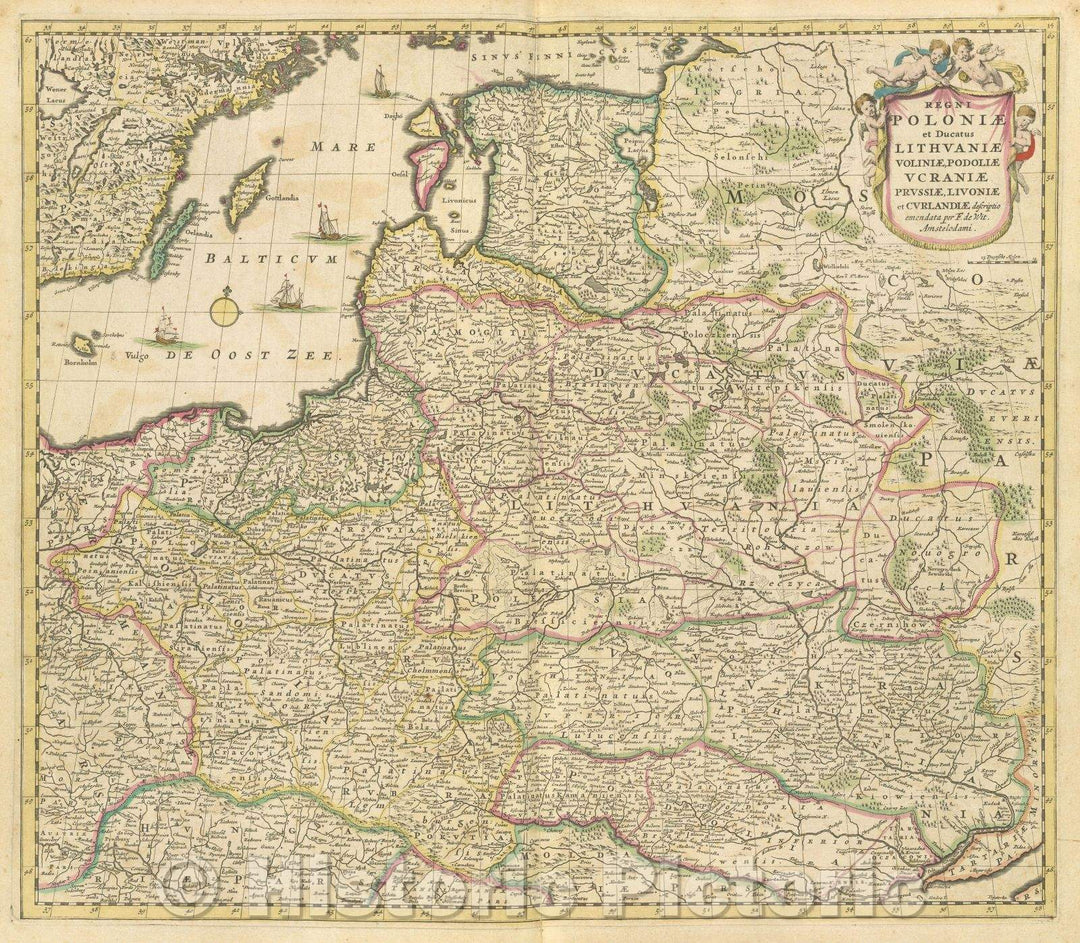 Historic Map : Regni Poloniae et ducatus Lithuaniae Voliniae, Podoliae, Vcraniae Prussiae, Livoniae et Curlandiae descriptio emendata per F. de Wit. Amstelodami., 1680 , Vintage Wall Art