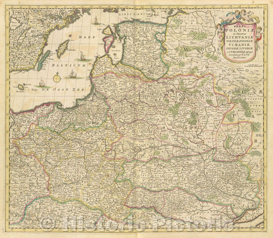 Historic Map : Regni Poloniae et ducatus Lithuaniae Voliniae, Podoliae, Vcraniae Prussiae, Livoniae et Curlandiae descriptio emendata per F. de Wit. Amstelodami., 1680 , Vintage Wall Art