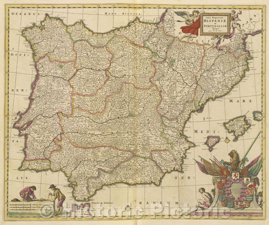 Historic Map : Totius Regnorum. Hispaniae et Portugalliae descriptio. auct: F. de Wit., 1680 , Vintage Wall Art