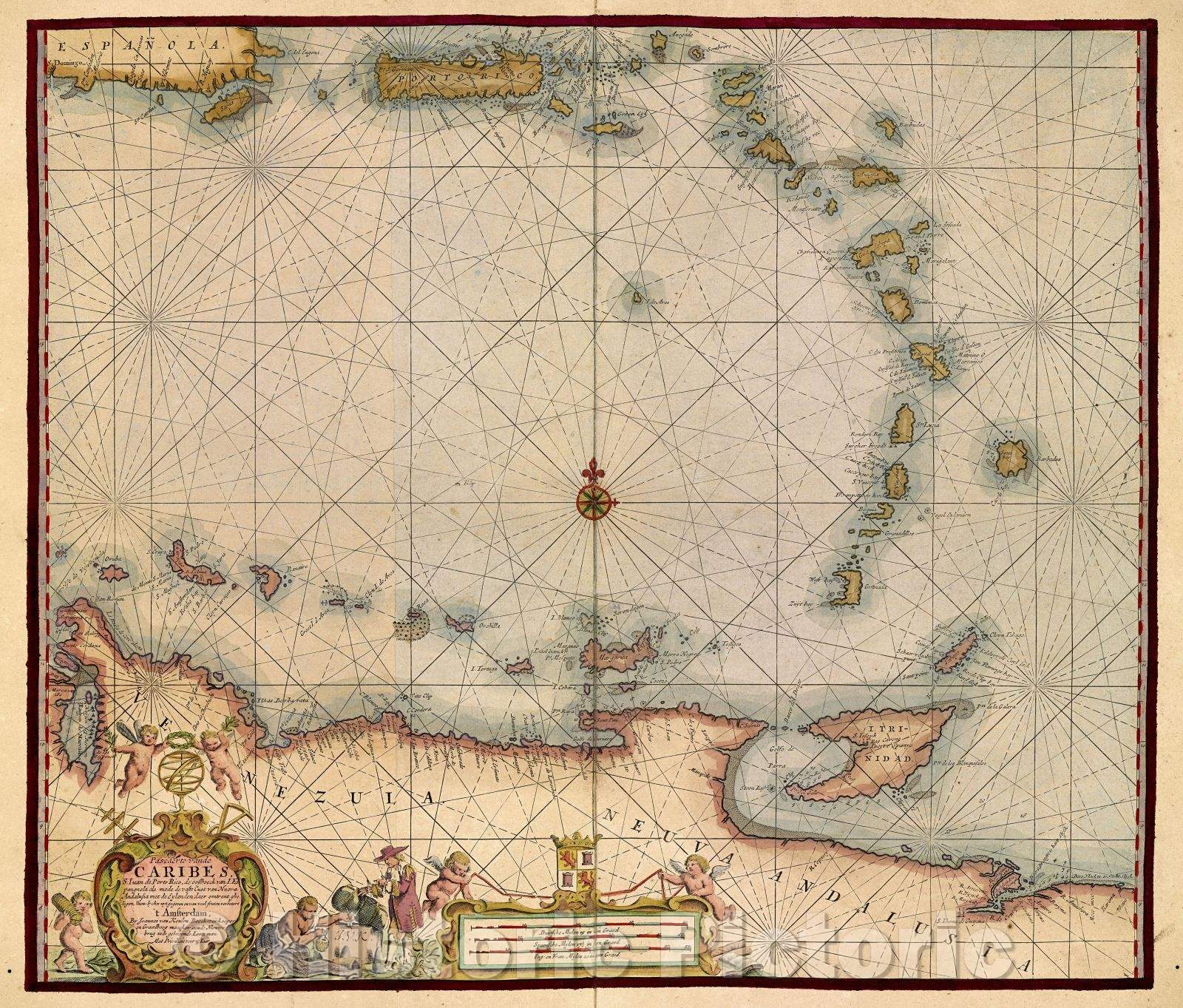 Historic Map : Pascaerte vande Caribes, S. Juan de Porto Rico, de oosthoeck van I. Espagnola als mede de vaste cust van Nueva Andalusia met de Eylanden, 1710 , Vintage Wall Art