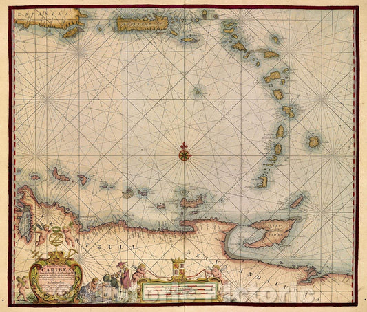 Historic Map : Pascaerte vande Caribes, S. Juan de Porto Rico, de oosthoeck van I. Espagnola als mede de vaste cust van Nueva Andalusia met de Eylanden, 1710 , Vintage Wall Art