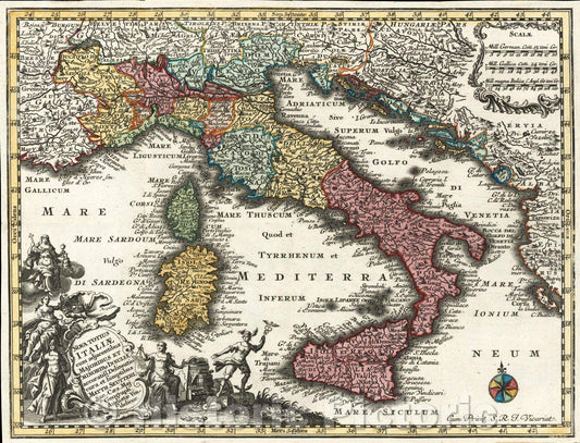 Historic Map : Nova Totius Italiae cum adjacentibus Majoribus et Minoribg Insulis, accuratiss delineatio cura et sumptibus Matth. Seutteri, 1730 , Vintage Wall Art