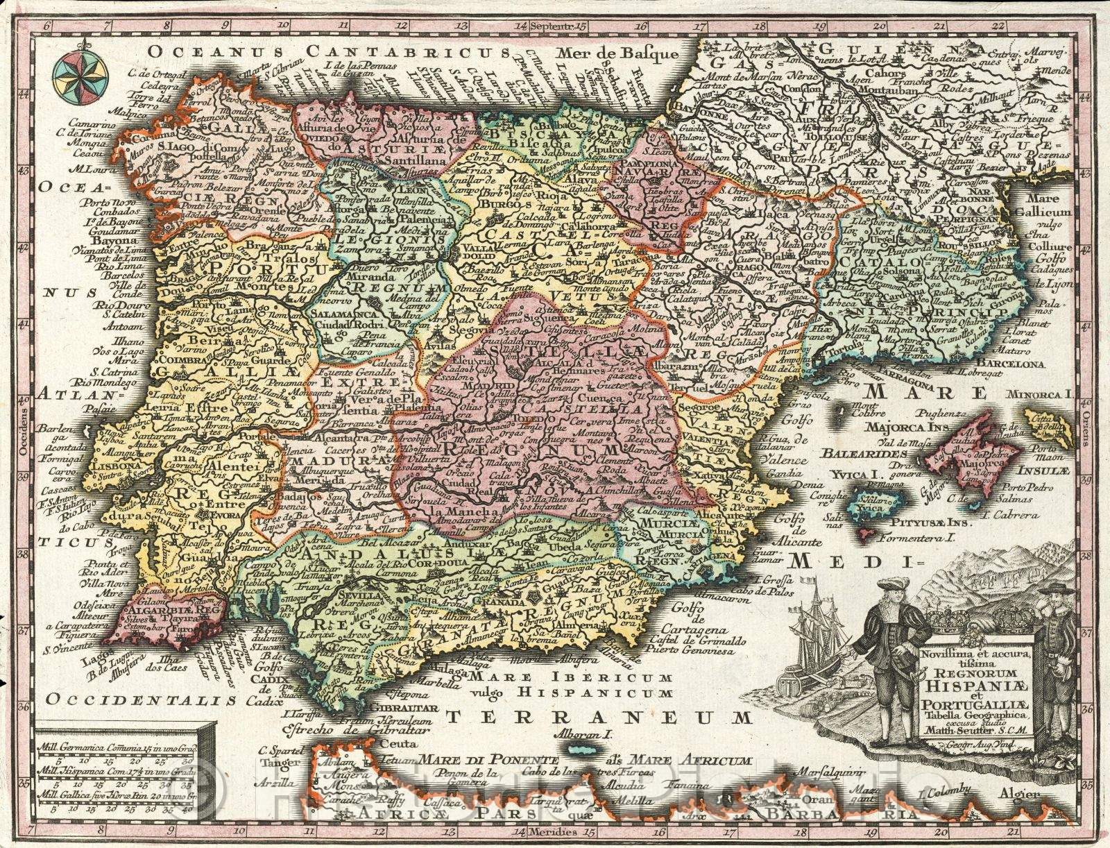 Historic Map : Novissima et accura,tissima Regnorum Hispaniae et Portugalliae Tabella Geographica, excusa studio MAtth. Seutter. S.C.M. Geogr. Aug. Vind., 1730 , Vintage Wall Art