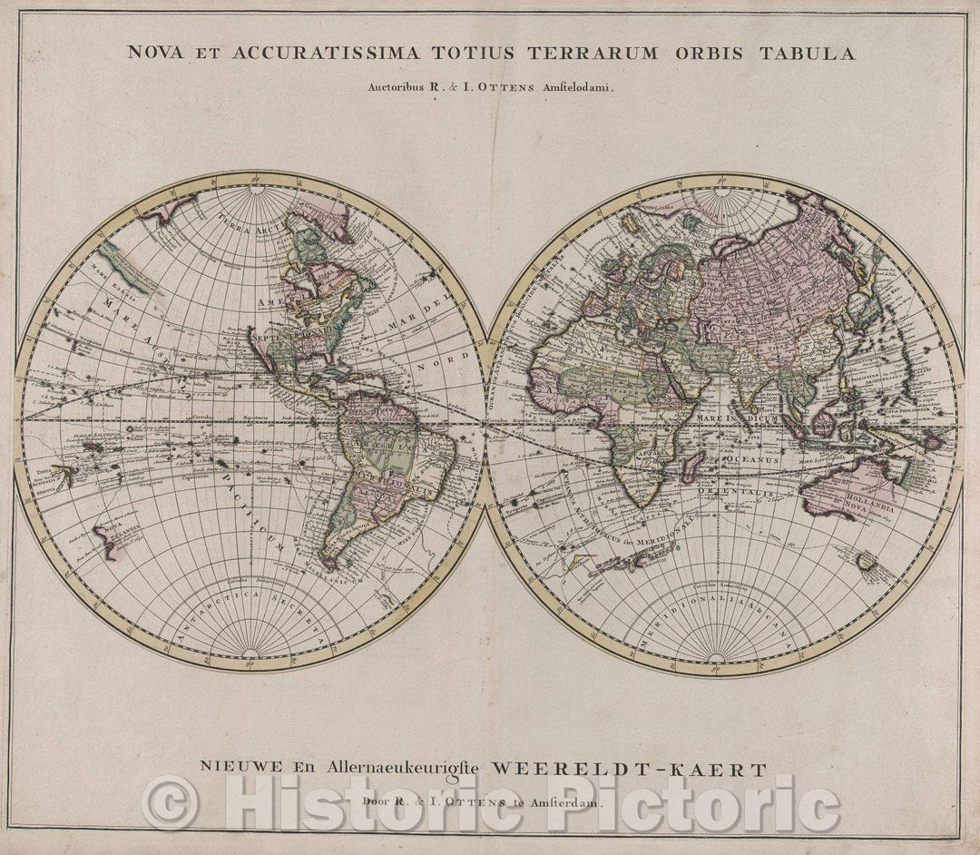 Historic Map : Nova et accuratissima totius terrarum orbis tabula Auctoribus R. and I. Ottens Amstelodami. Nieuwe en Allernaeukeurigste Weereldt-Kaert Door R. and I., 1739 , Vintage Wall Art