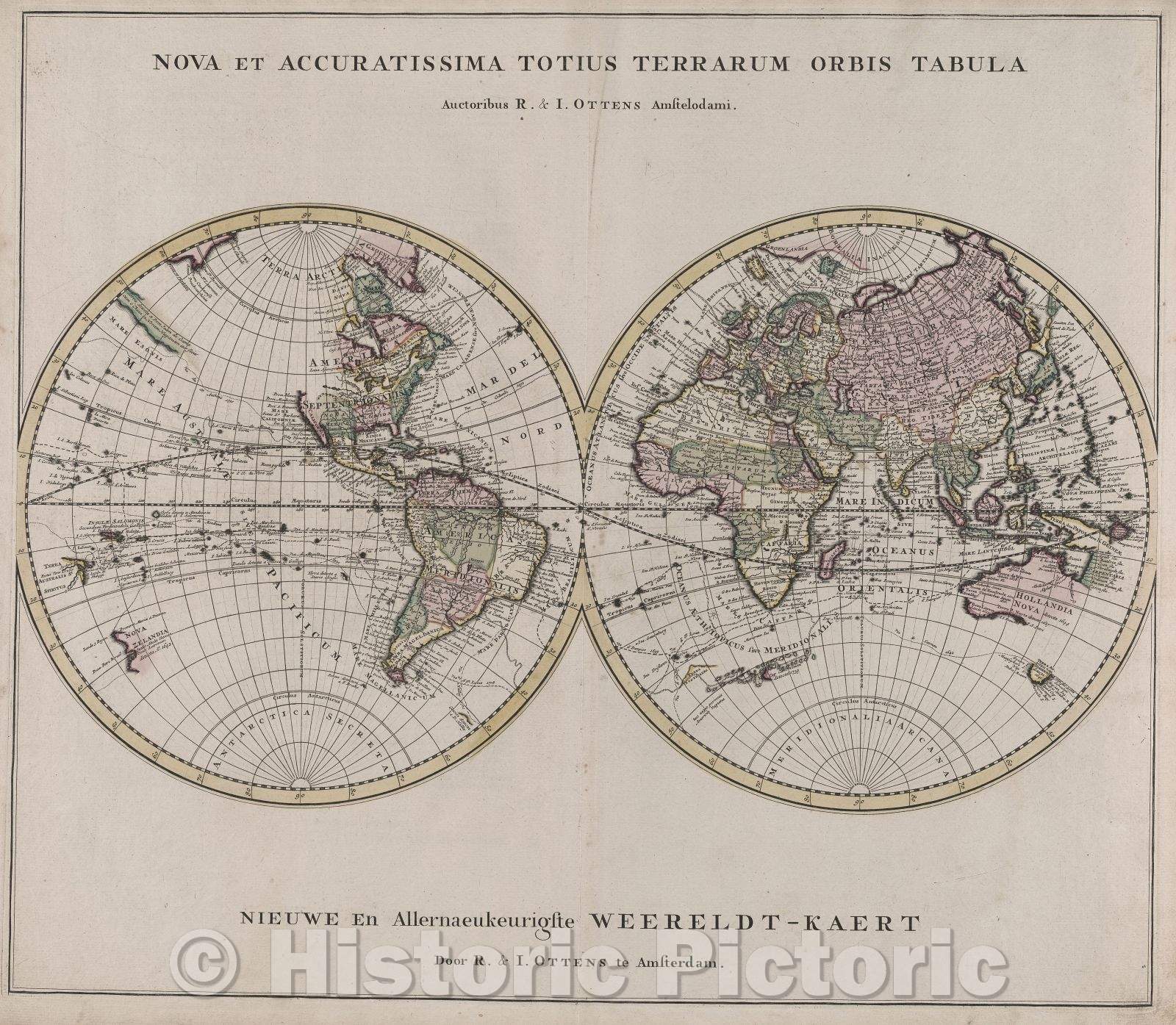 Historic Map : Nova et accuratissima totius terrarum orbis tabula Auctoribus R. and I. Ottens Amstelodami. Nieuwe en Allernaeukeurigste Weereldt-Kaert Door R. and I., 1739 , Vintage Wall Art