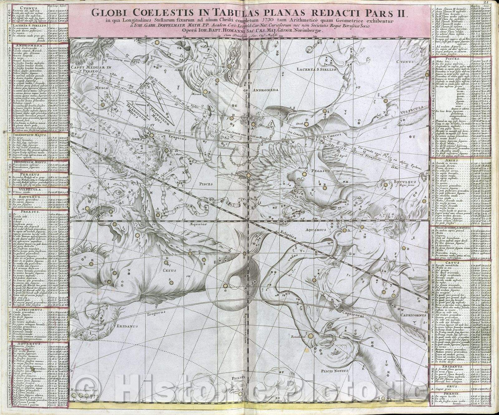 Historic Map : Globi Coelestis in Tabulas planas redacti pars II. in qua longitudines stellarum fixarum ad anum Christi completum 1730, 1730 , Vintage Wall Art