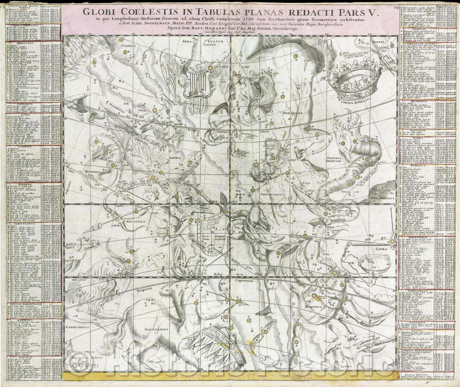 Historic Map : Globi Coelestis in tabulas planas redacti pars V. in qua longitudines stellarum fixarum ad anum Christi completum 1730, 1730 , Vintage Wall Art
