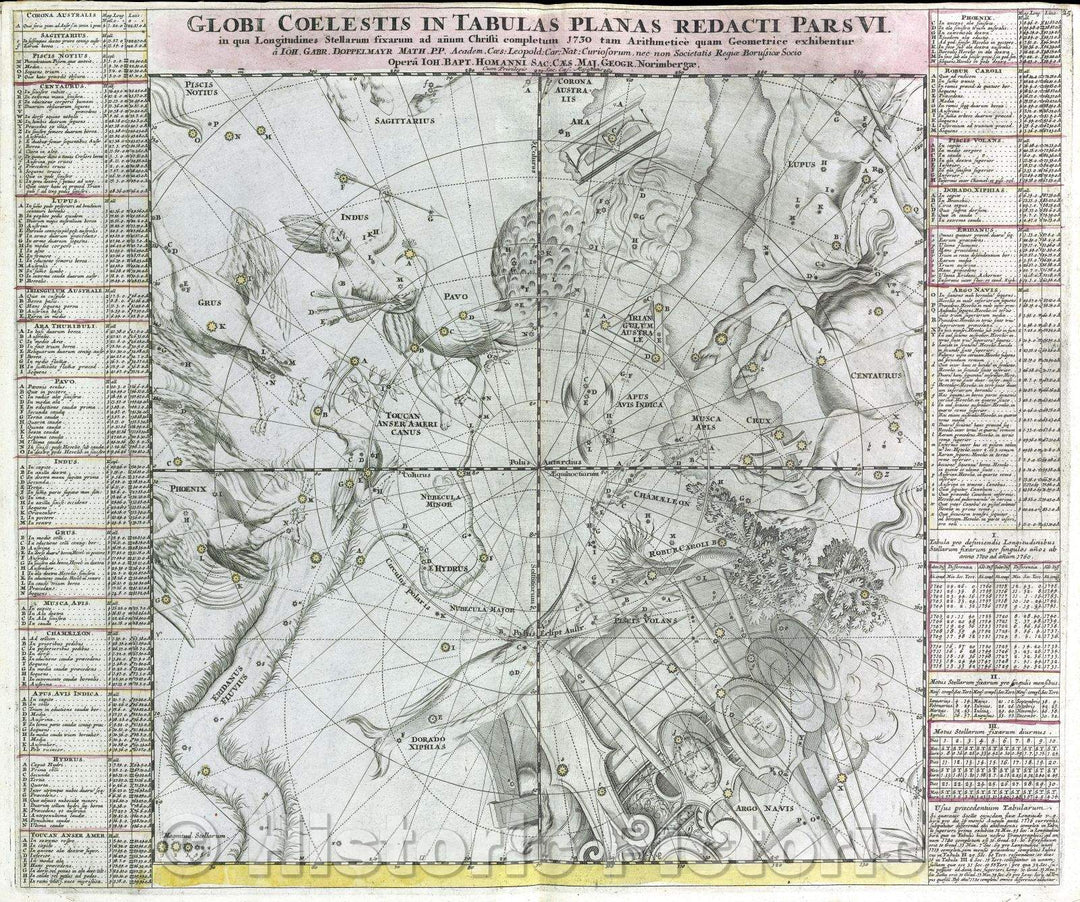 Historic Map : Globi Coelestis in tabulas planas redacti pars VI. in qua longitudines stellarum fixarum ad anum Christi completum 1730, 1730 , Vintage Wall Art