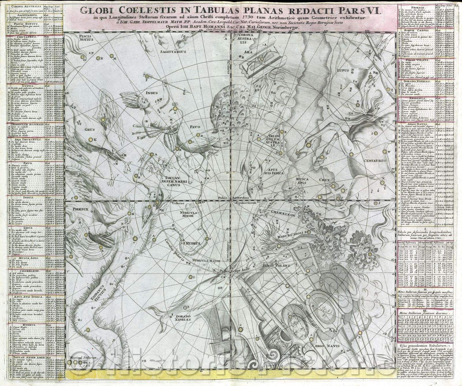 Historic Map : Globi Coelestis in tabulas planas redacti pars VI. in qua longitudines stellarum fixarum ad anum Christi completum 1730, 1730 , Vintage Wall Art