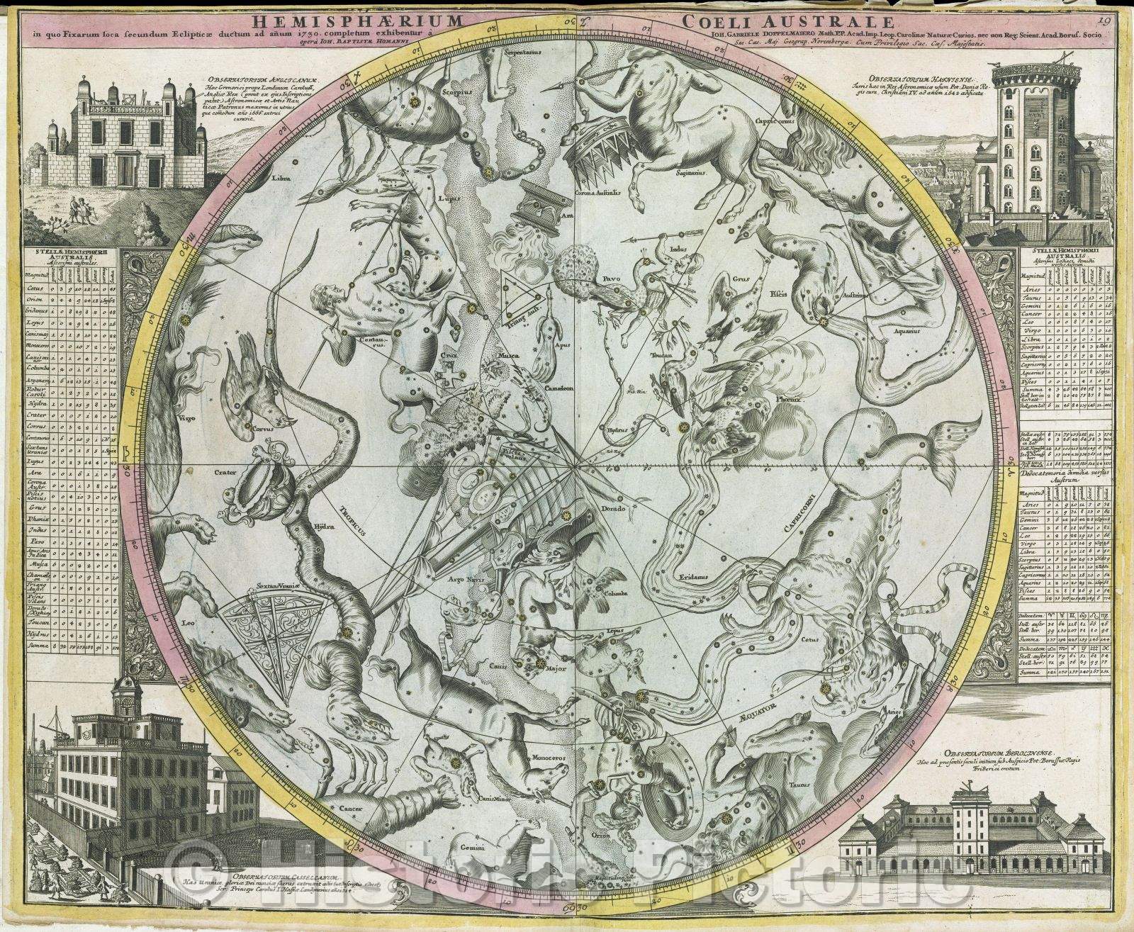 Historic Map : Hemisphaerium Coeli Australe in quo fixarum loca secundum eclipticae ductum  ad anum 1730., 1730 , Vintage Wall Art