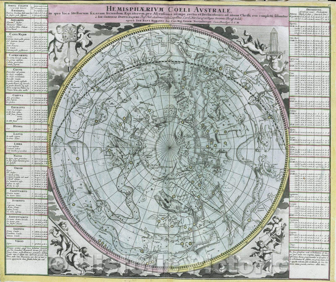 Historic Map : Hemisphaerium Coeli Australe, in quo loca Stellarum fixarum secundum Aequatorem per ascensiones nempe rectas, 1730 , Vintage Wall Art