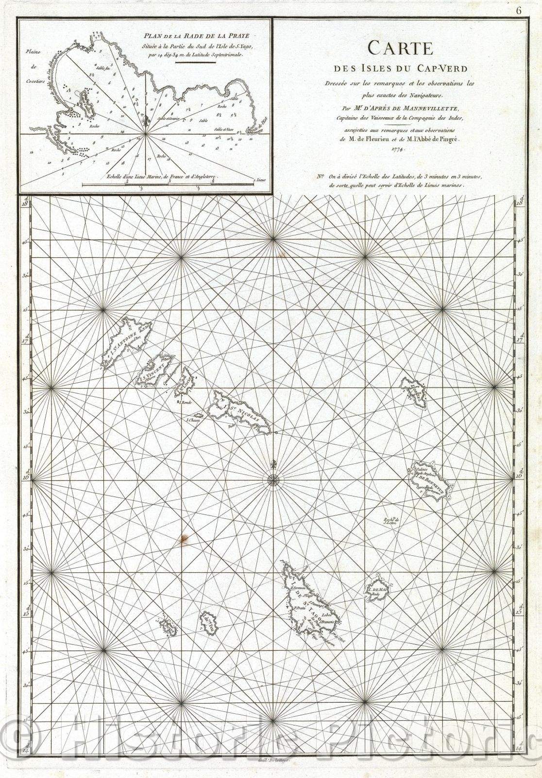 Historic Map : Carte des Isles du Cap-Verd dressee sur les remarques et les observations les plus exactes des Navigateurs. Par Mr. D'Apres de Mannevillette, Capitain, 1774 , Vintage Wall Art