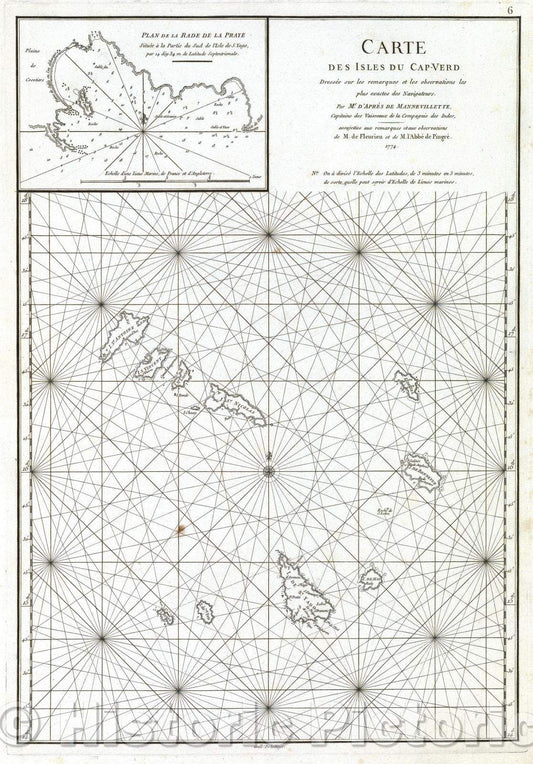 Historic Map : Carte des Isles du Cap-Verd dressee sur les remarques et les observations les plus exactes des Navigateurs. Par Mr. D'Apres de Mannevillette, Capitain, 1774 , Vintage Wall Art