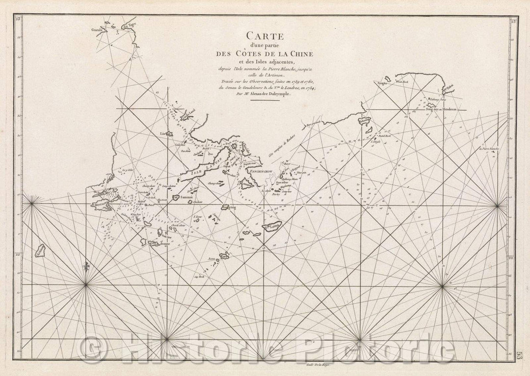 Historic Map : Carte d'une partie des cotes de la Chine et des isles adjacentes, depuis l'Isle nommee la Pierre Blanche, jusqu'a celle de l'Artimon. Tracee, 1775 , Vintage Wall Art