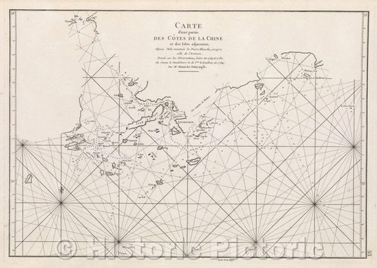 Historic Map : Carte d'une partie des cotes de la Chine et des isles adjacentes, depuis l'Isle nommee la Pierre Blanche, jusqu'a celle de l'Artimon. Tracee, 1775 , Vintage Wall Art