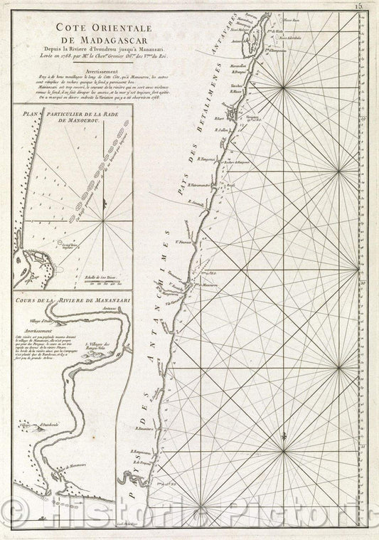 Historic Map : Cote Orientale de Madagascar Depuis la riviere d'Ivondrou jusqu a Mananzari. Levee en 1768. par Mr. le Chever. Grenier Offer. des Vaux. du Roi., 1775 , Vintage Wall Art