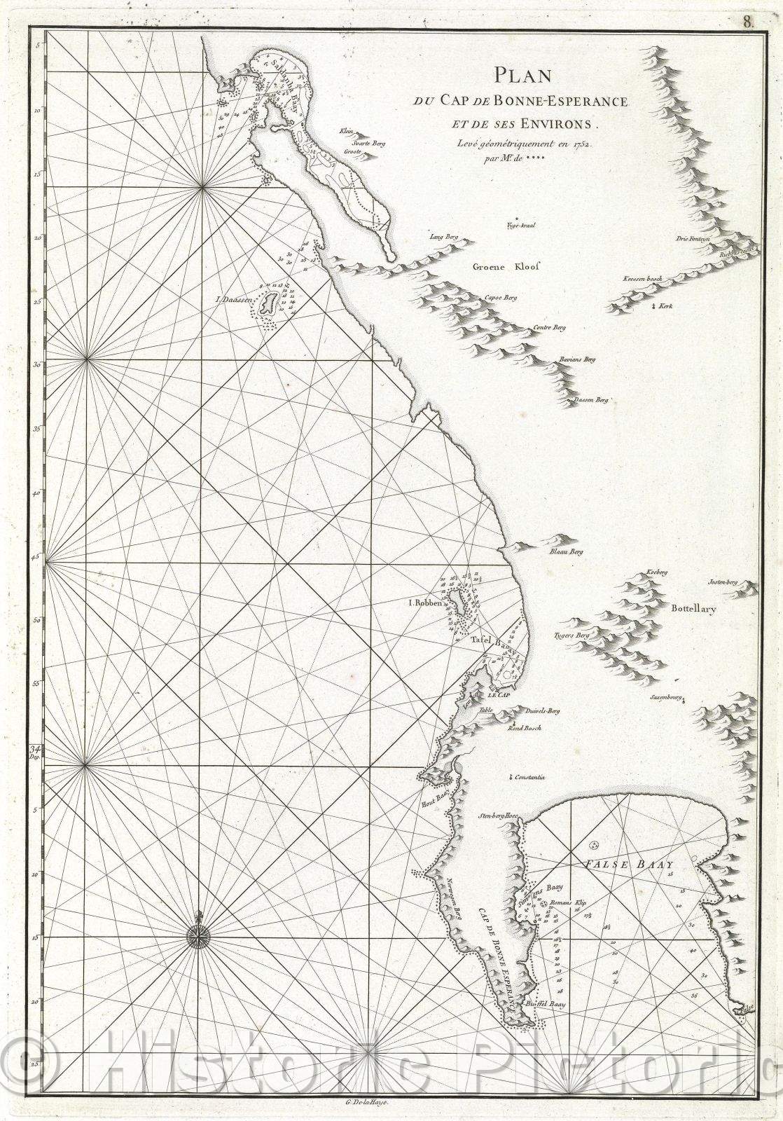 Historic Map : Plan Cap de Bonne-Esperance et de ses Enbirons. Leve geometriquement en 1752 par Mr. de concluding with four star like characters on the map, 1775 , Vintage Wall Art
