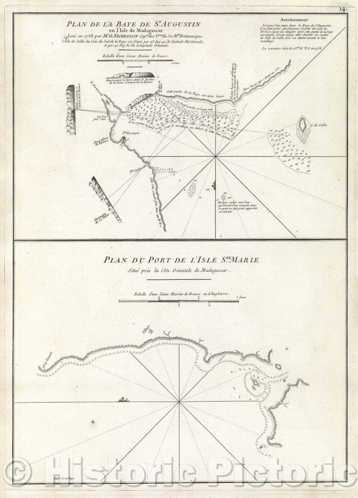 Historic Map : Plan de la Baye de St. Augustin en l'Isle de Madagascar Leve en 1758. par Mr. G. Nichelson Capne. des Vaux. de sa Mte. Britannique. L'Isle de Sable, 1775 , Vintage Wall Art