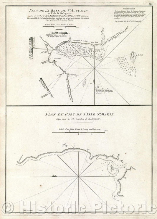 Historic Map : Plan de la Baye de St. Augustin en l'Isle de Madagascar Leve en 1758. par Mr. G. Nichelson Capne. des Vaux. de sa Mte. Britannique. L'Isle de Sable, 1775 , Vintage Wall Art