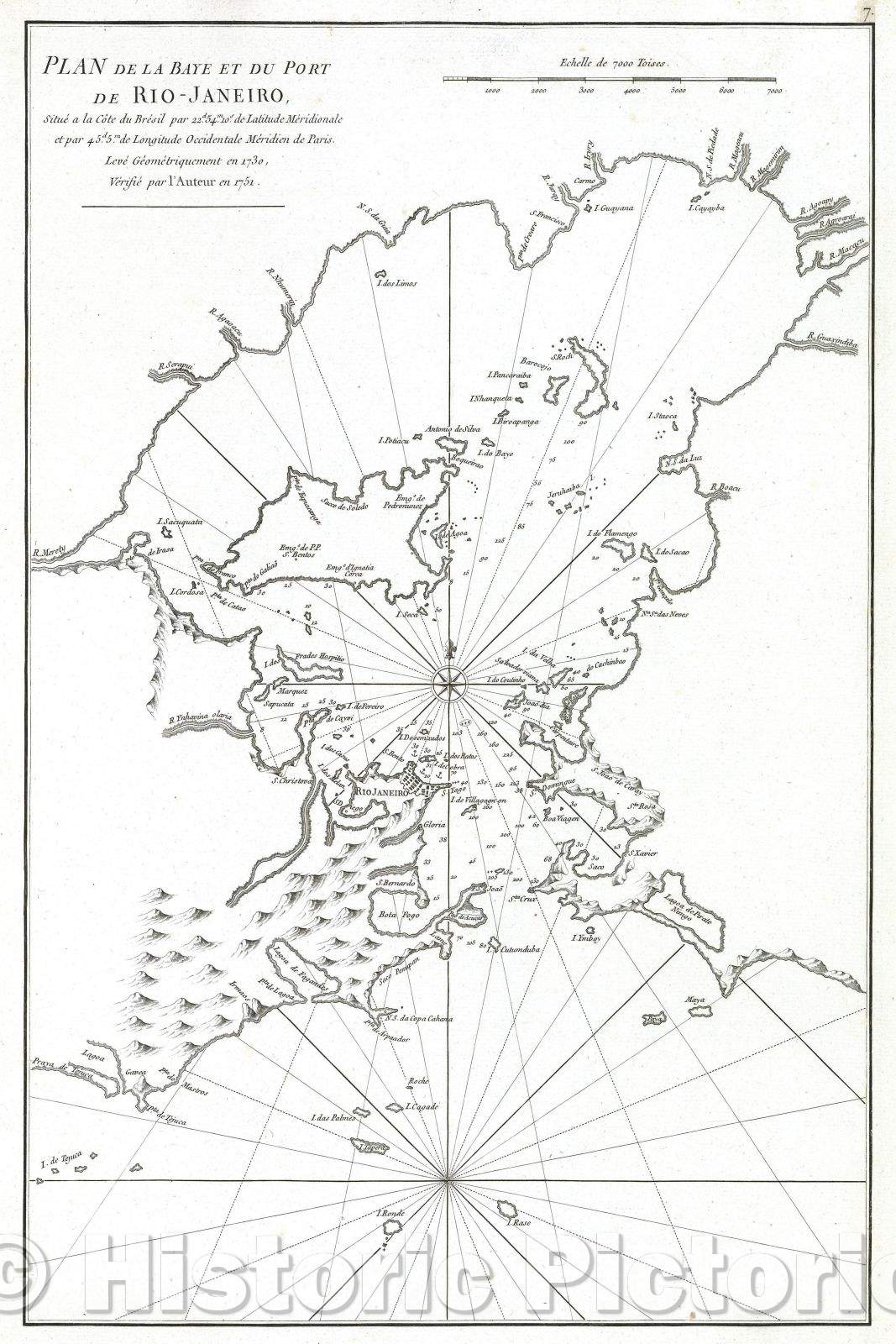 Historic Map : Plan de la Baye et du Port de Rio-Janeiro, Situe a la Cote du Bresil... ... Leve Geometriquement en 1730, Verifie par l'Auteur en 1751., 1775 , Vintage Wall Art