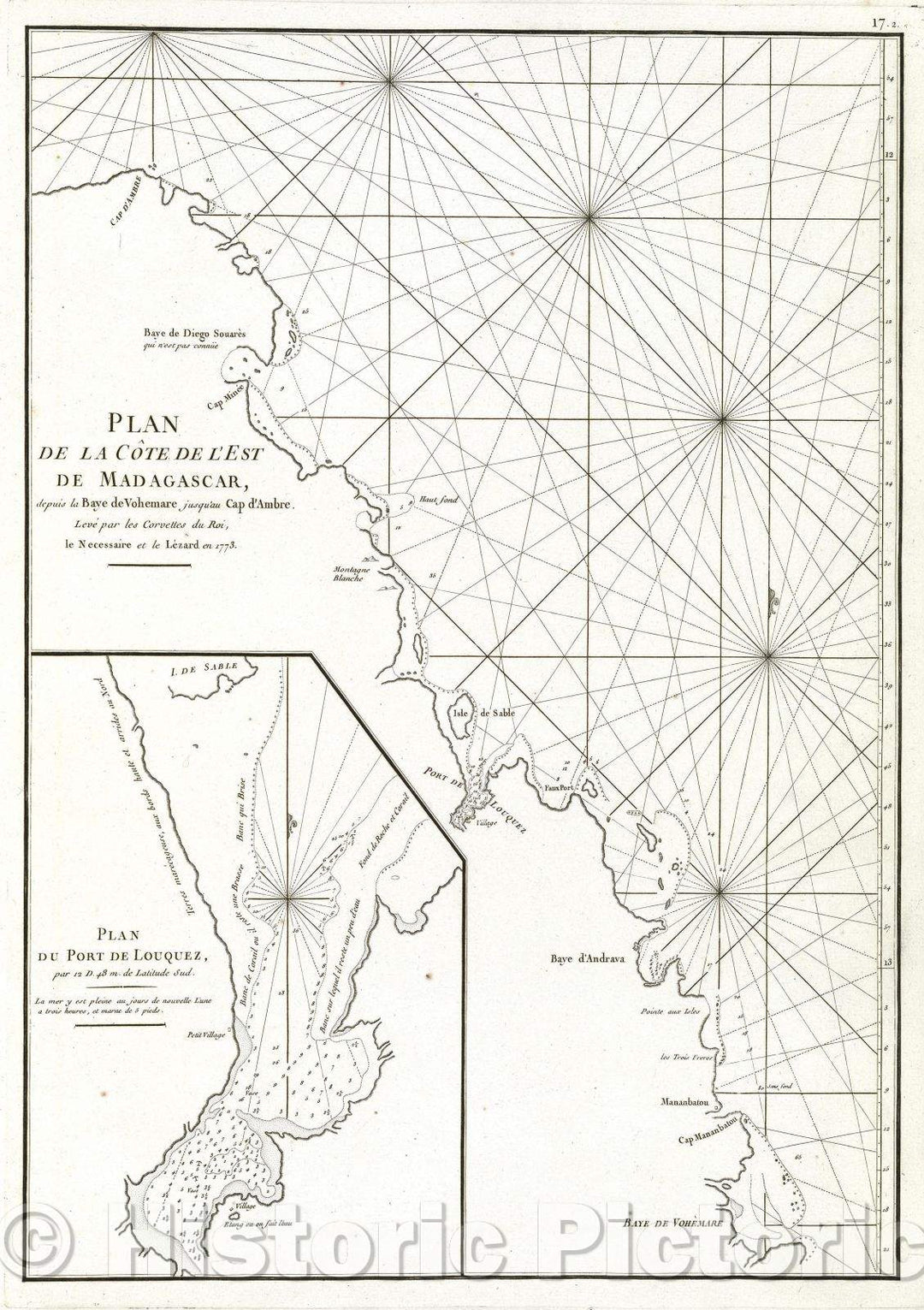Historic Map : Plan de la Cote de l'est de Madagascar, depuis la Baye de Vohmare jusqu'au Cap d'Ambre. Leve par les Corvettes du Roi, le Necessaire et le Lezard, 1775 , Vintage Wall Art