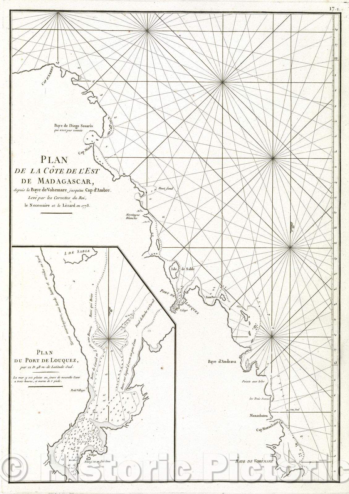 Historic Map : Plan de la Cote de l'est de Madagascar, depuis la Baye de Vohmare jusqu'au Cap d'Ambre. Leve par les Corvettes du Roi, le Necessaire et le Lezard, 1775 , Vintage Wall Art