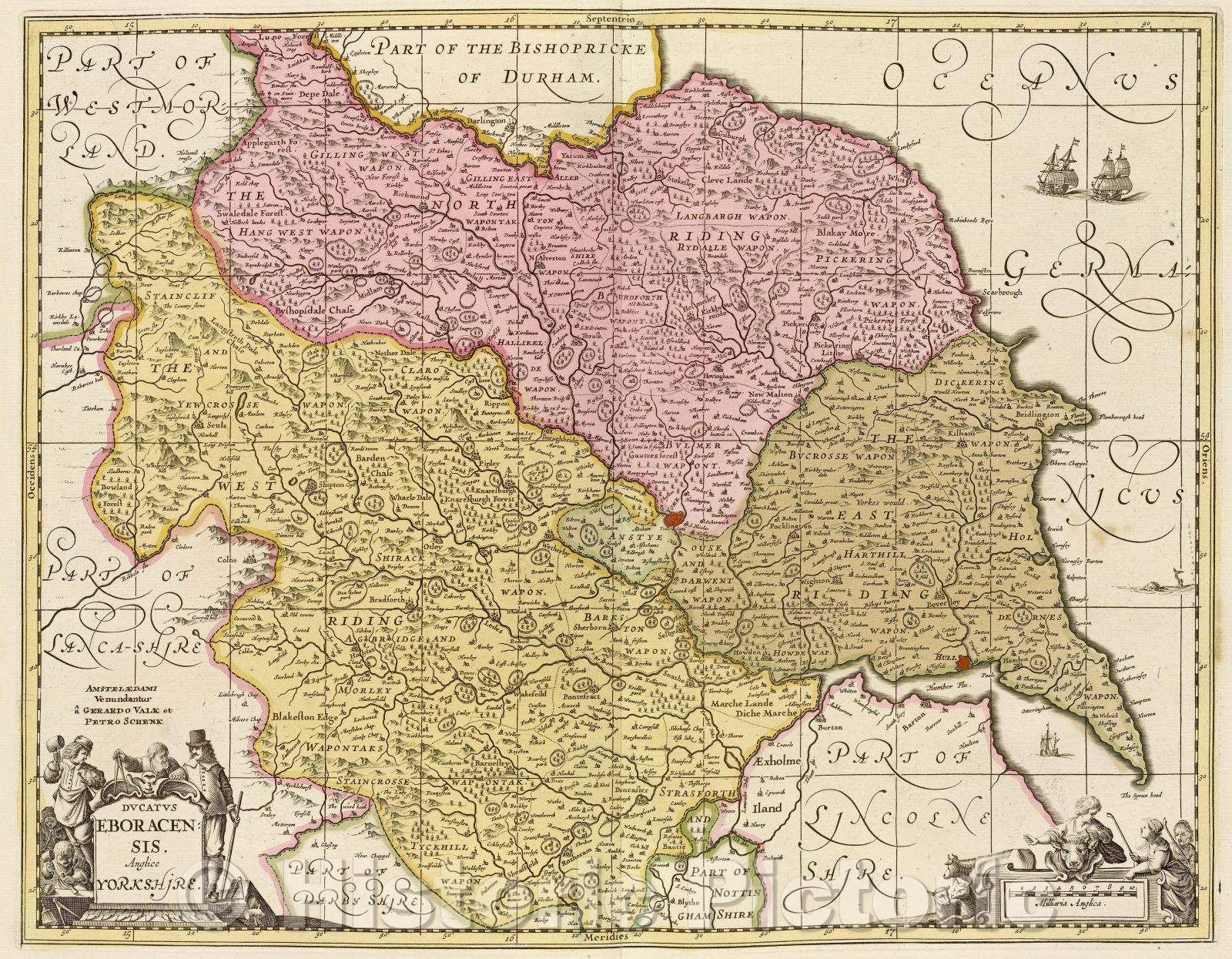 Historic Map : Ducatus Eboracensis. Anglice Yorkshire., c. 1708 , Vintage Wall Art