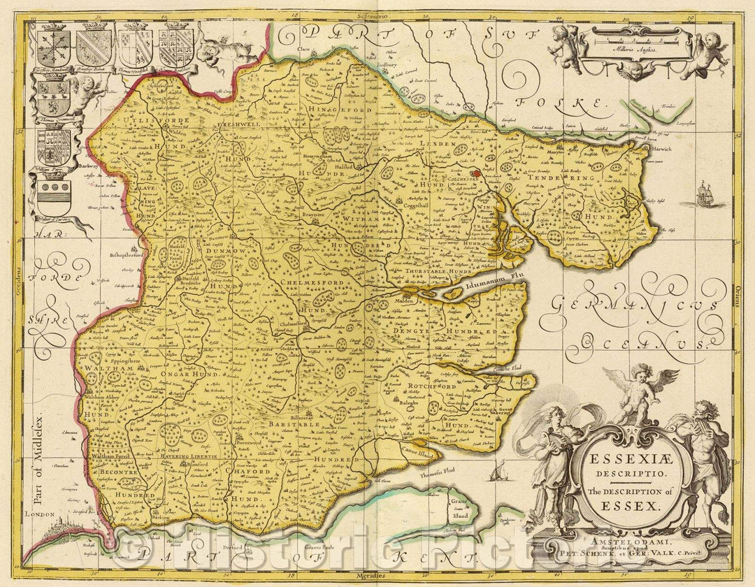 Historic Map : Essexiae Descriptio. The description of Essex., c. 1708 , Vintage Wall Art