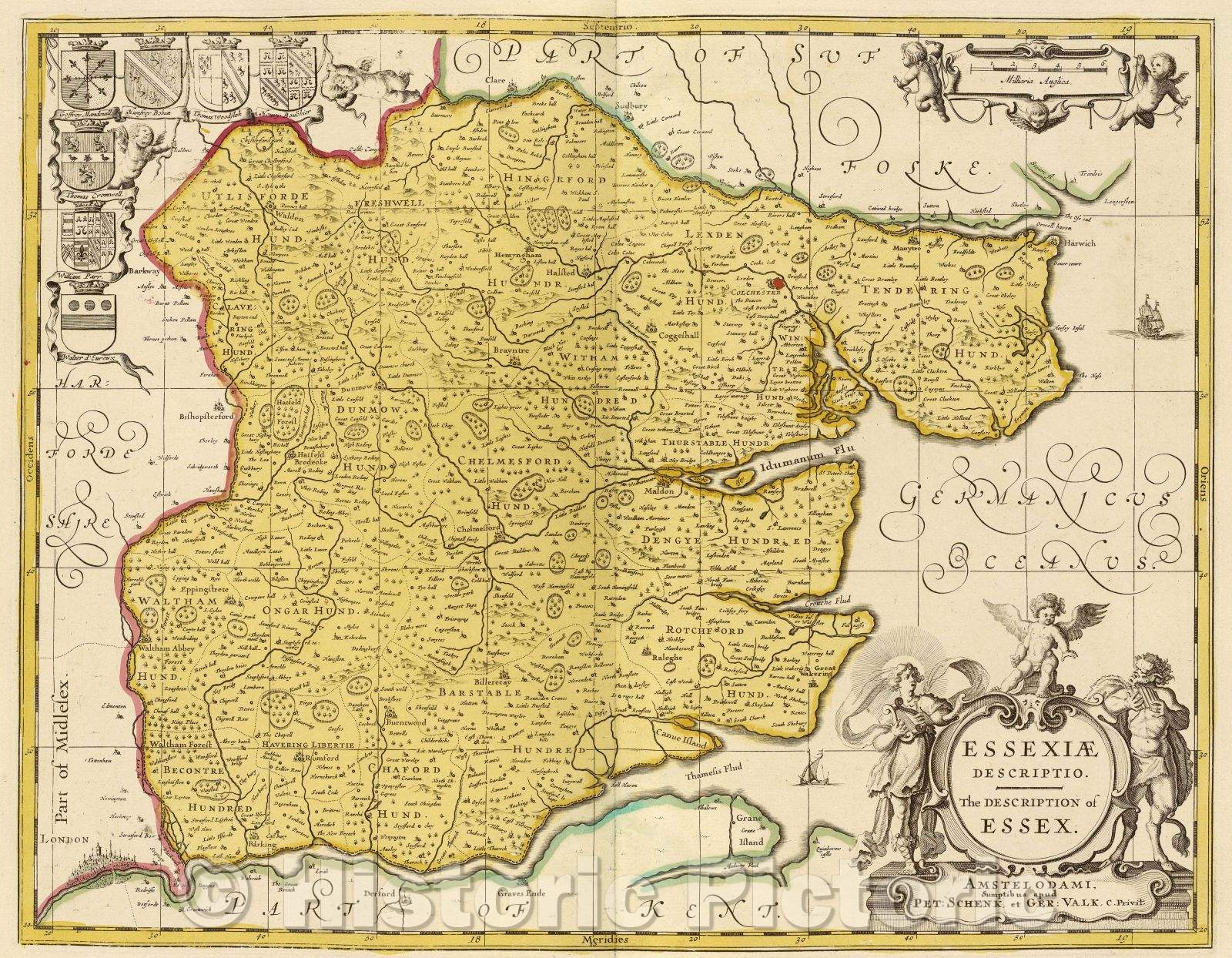 Historic Map : Essexiae Descriptio. The description of Essex., c. 1708 , Vintage Wall Art