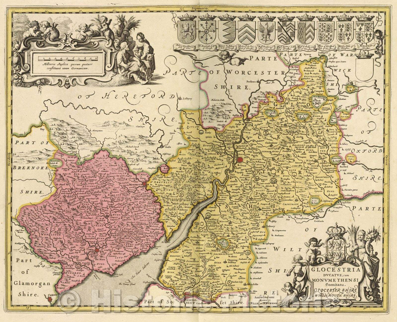 Historic Map : Glocestria Ducatus, cum Monumethensi Comitatu. Glocestershire and Monmouthshire., c. 1708 , Vintage Wall Art