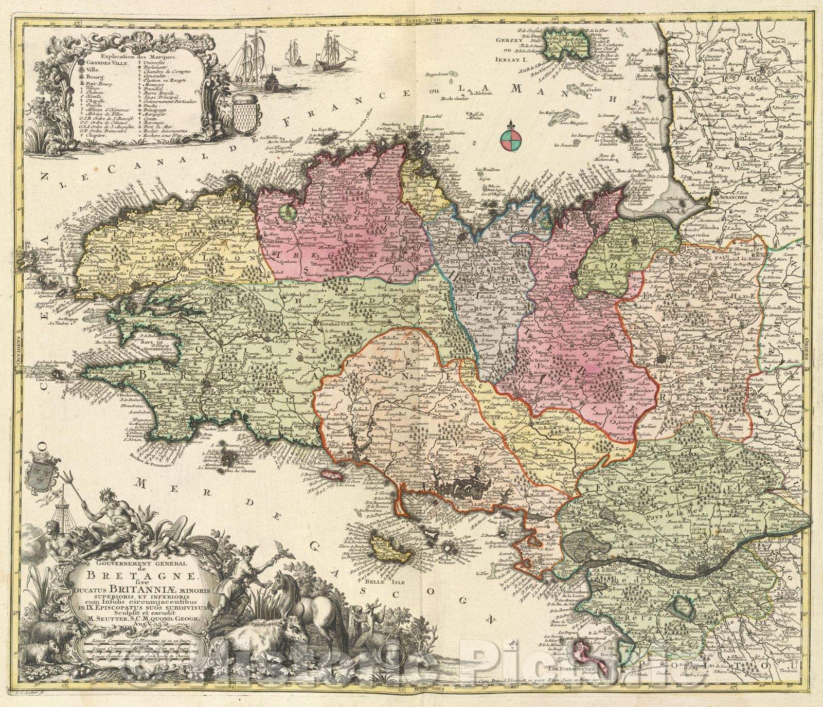 Historic Map : Gouvernement general de Bretagne sive ducatus Britanniae minoris superioris et inferioris cum insulils circumjacentibus, c. 1708 , Vintage Wall Art