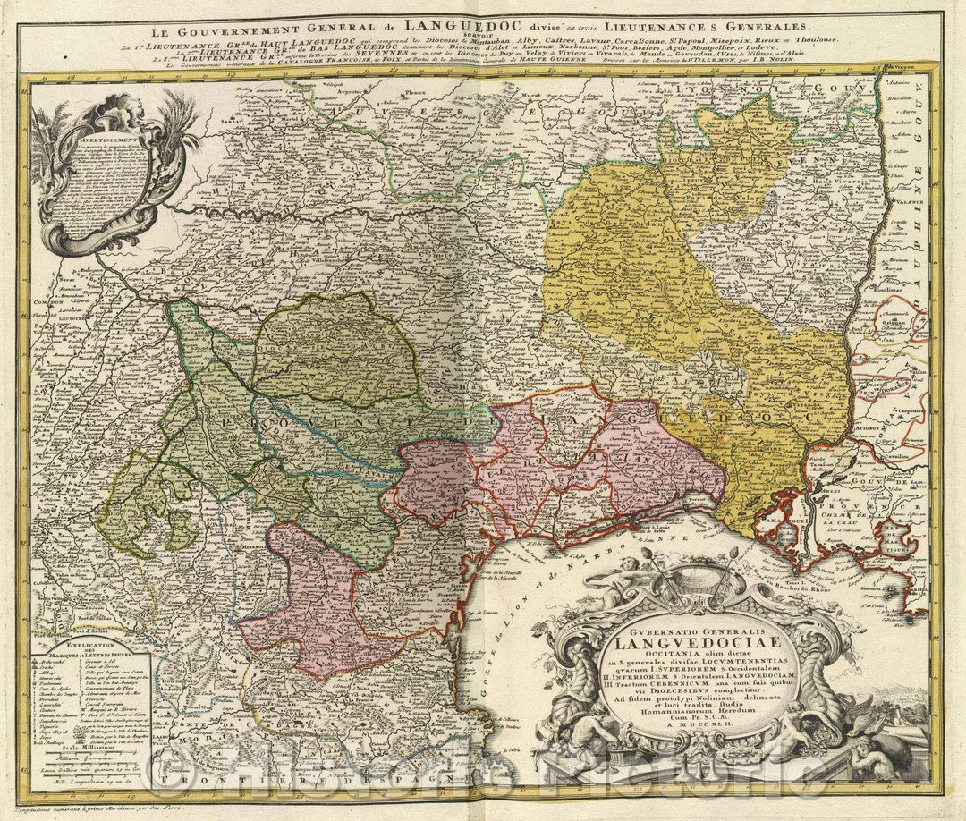 Historic Map : Gubernatio generalis Languedociae occitania olim dictae in 3. generalis divisae locumtenentias quarum I. Superiorem S. occidentalem, c. 1708 , Vintage Wall Art