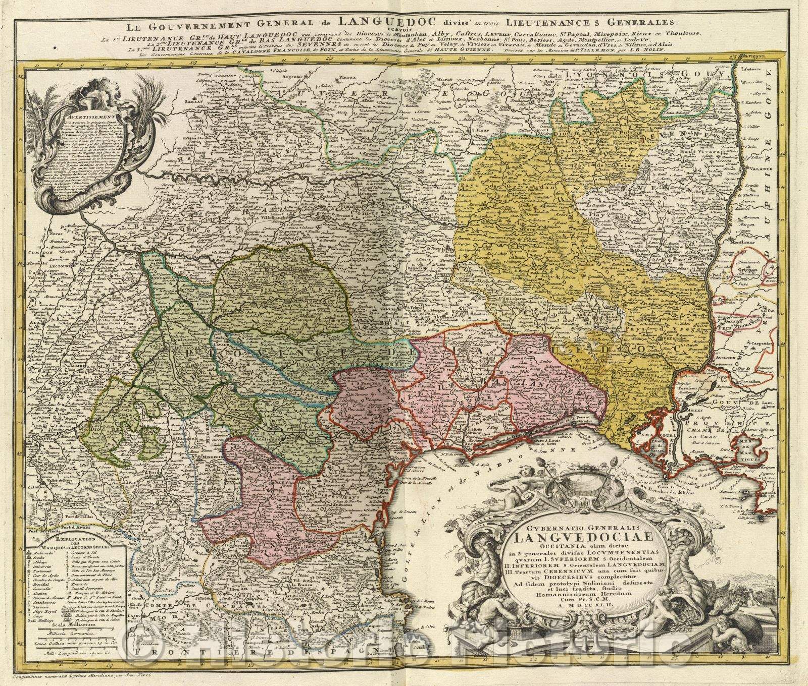 Historic Map : Gubernatio generalis Languedociae occitania olim dictae in 3. generalis divisae locumtenentias quarum I. Superiorem S. occidentalem, c. 1708 , Vintage Wall Art
