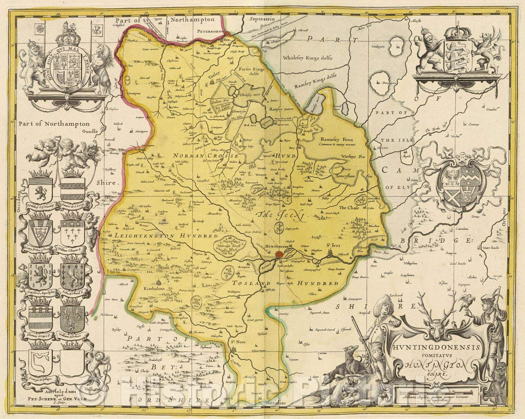 Historic Map : Huntingdonensis Comitatus Huntingtonshire., c. 1708 , Vintage Wall Art