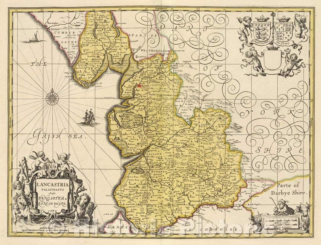 Historic Map : Lancastria Palatinatus Anglis Lancaster and Lancashire., c. 1708 , Vintage Wall Art