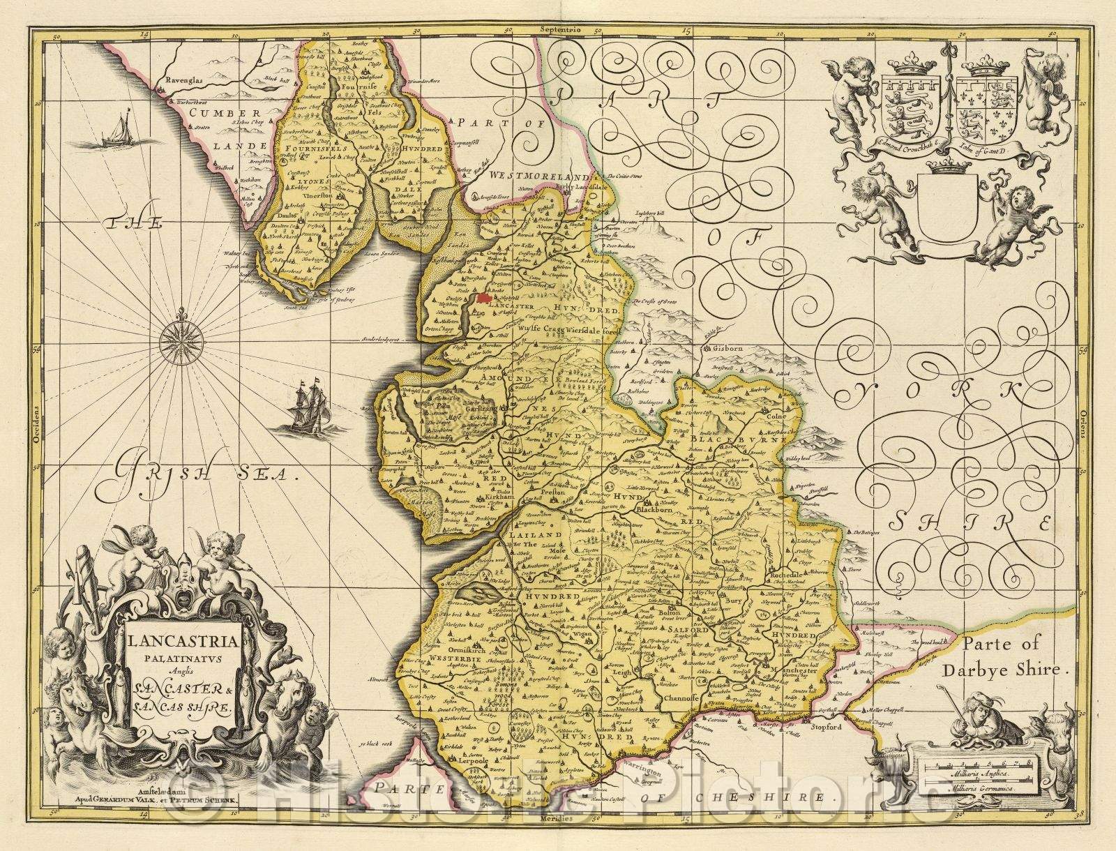Historic Map : Lancastria Palatinatus Anglis Lancaster and Lancashire., c. 1708 , Vintage Wall Art