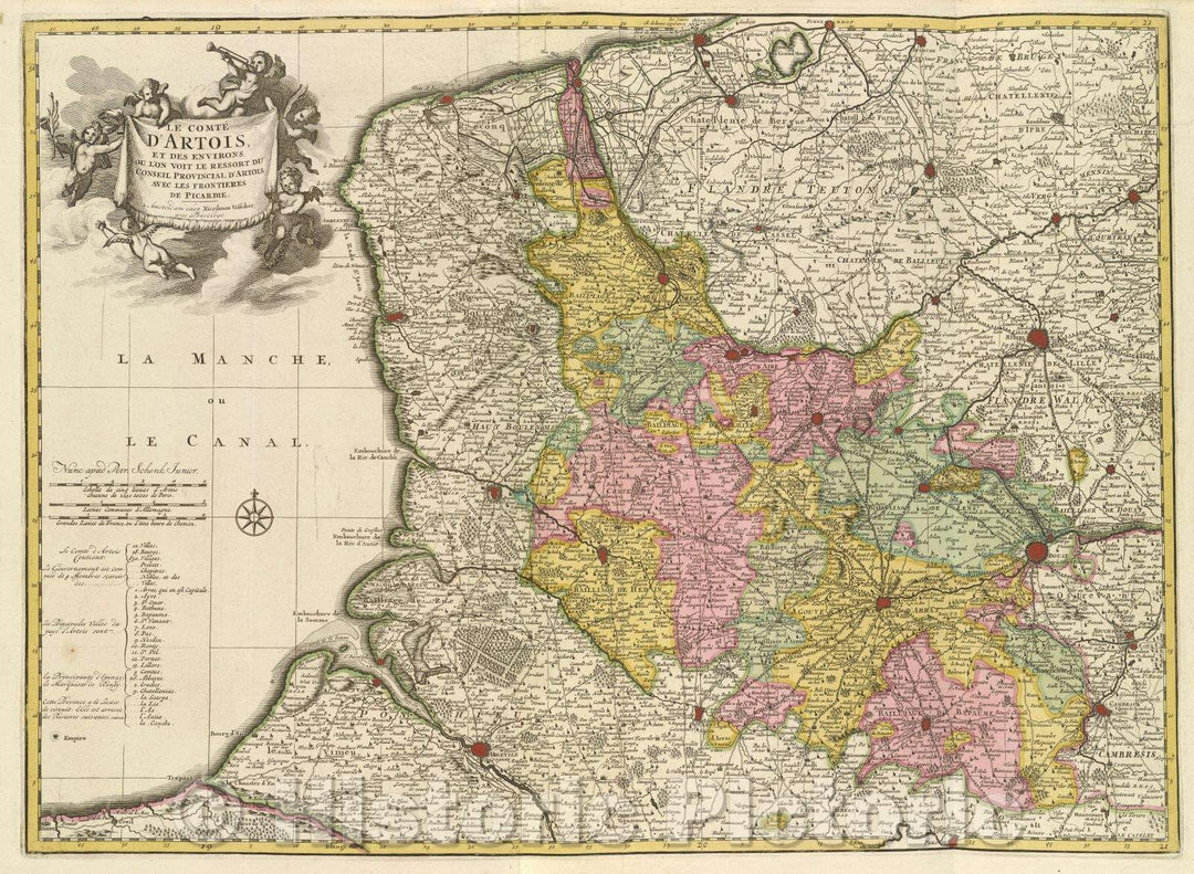 Historic Map : Le comte d'Artois et des environs ou l'on voit le ressort du conseil provincial d'Artois avec les frontieres de Picardie. , c. 1708 , Vintage Wall Art