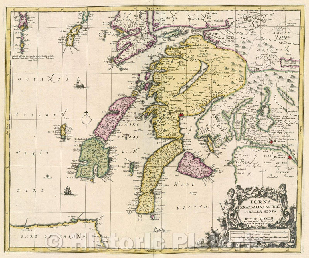 Historic Map : Lorna, Knapdalia, Cantire, Iura, Ila, Glota, et Buthe insulae., c. 1708 , Vintage Wall Art