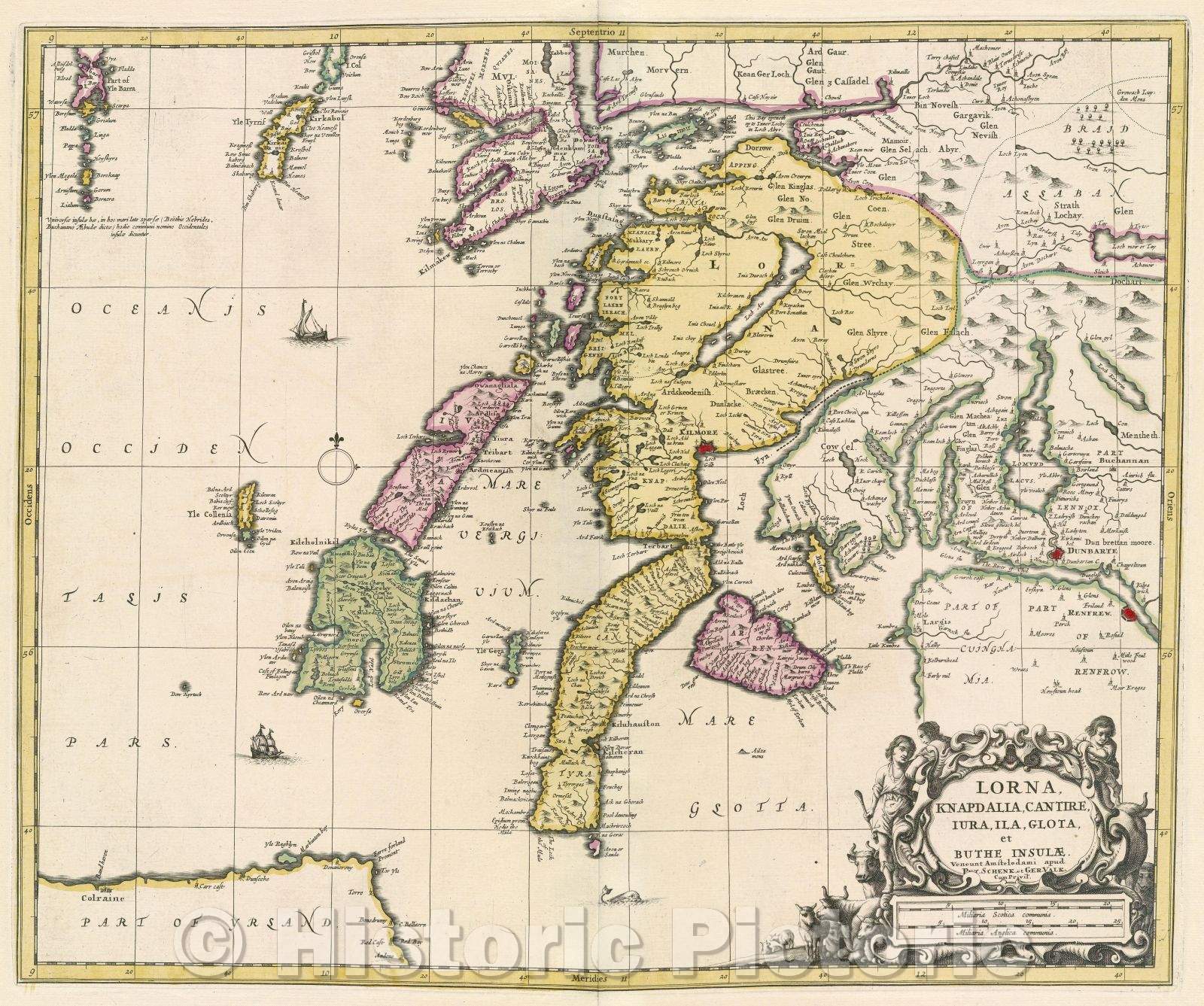 Historic Map : Lorna, Knapdalia, Cantire, Iura, Ila, Glota, et Buthe insulae., c. 1708 , Vintage Wall Art