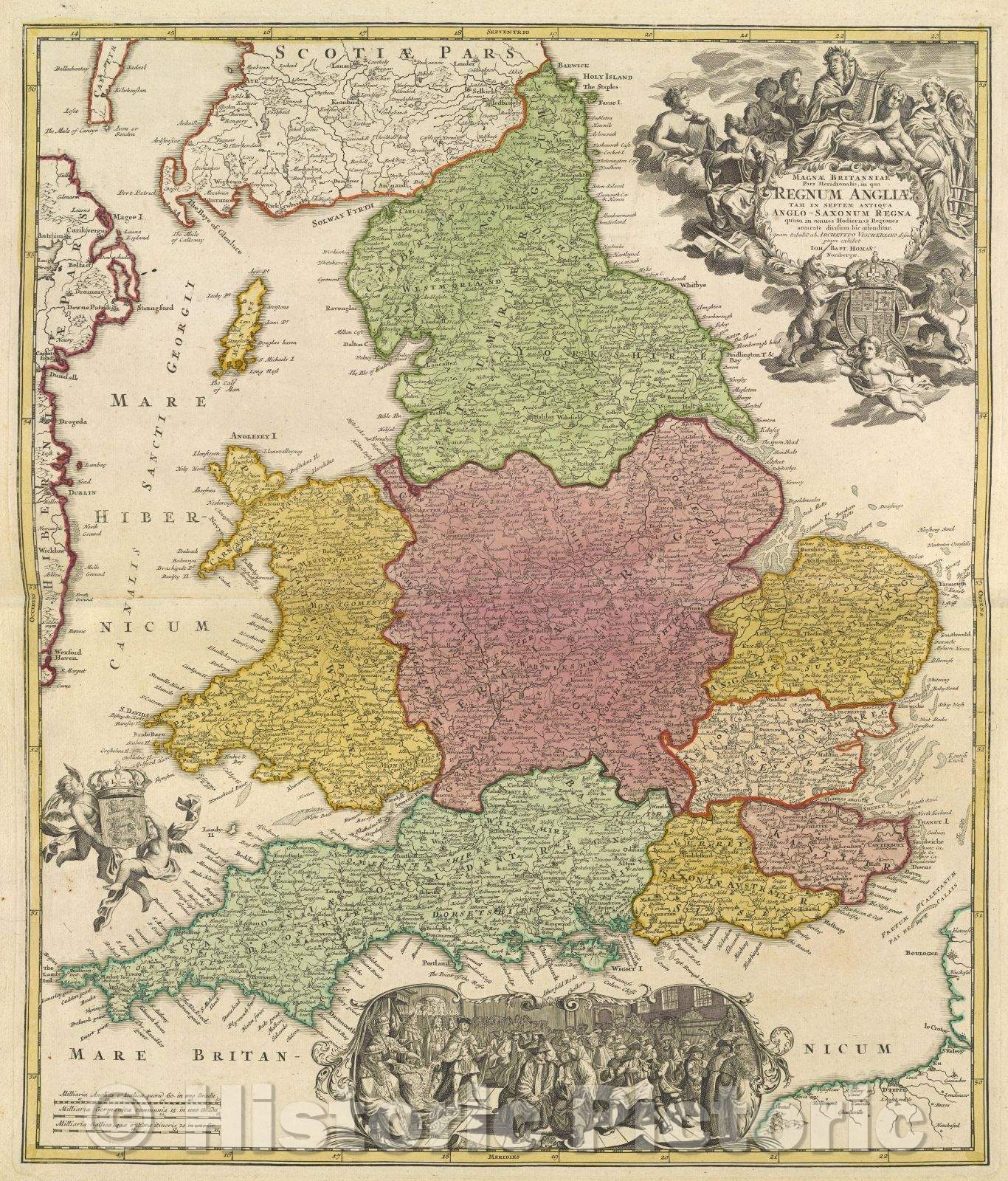 Historic Map : Magnae Britanniae Pars Meridionalis, in qua Regnum Angliae tam in Septem Anqtiqua Anglo-Saxonum Regna quam in omnes Hodiernas Regiones, c. 1708 , Vintage Wall Art
