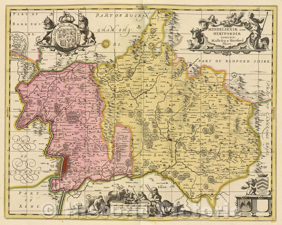 Historic Map : Middelsexiae cum Hertfordiae comitatu Midlesex and Hertford Shire., c. 1708 , Vintage Wall Art