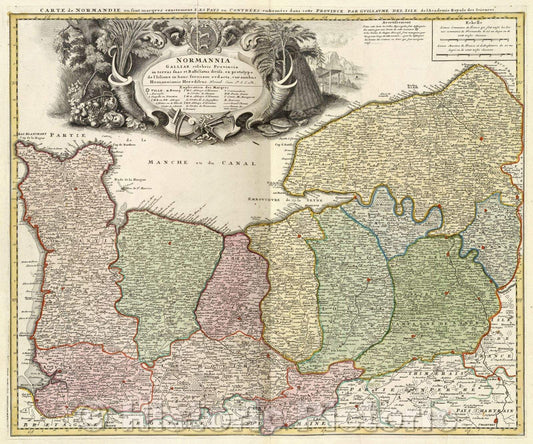Historic Map : Normannia Galliae celebris provincia in terras suas et Ballisiatus divisa. , c. 1708 , Vintage Wall Art