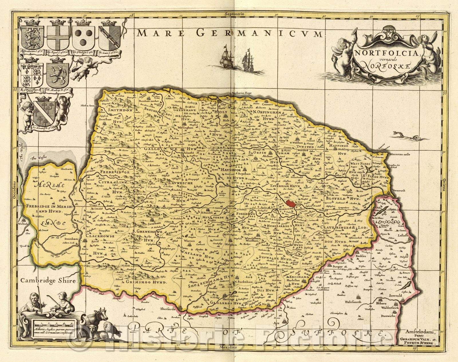 Historic Map : Nortfolcia; vernacule Norfolke., c. 1708 , Vintage Wall Art