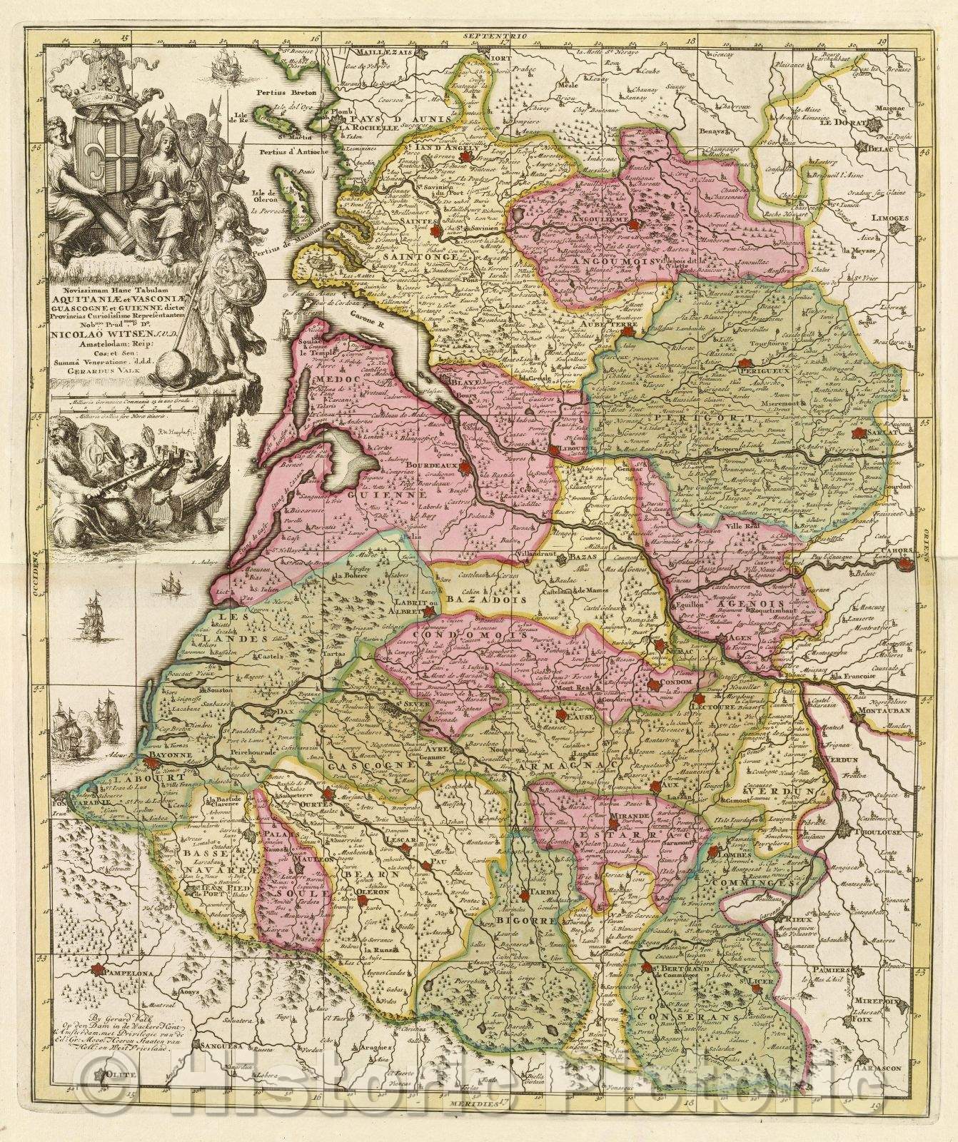 Historic Map : Novissimam hanc tabulam Aquitaniae et Vasconiae, Guascogne et Guienne dictae provincias curiosissime representantem... , c. 1708 , Vintage Wall Art