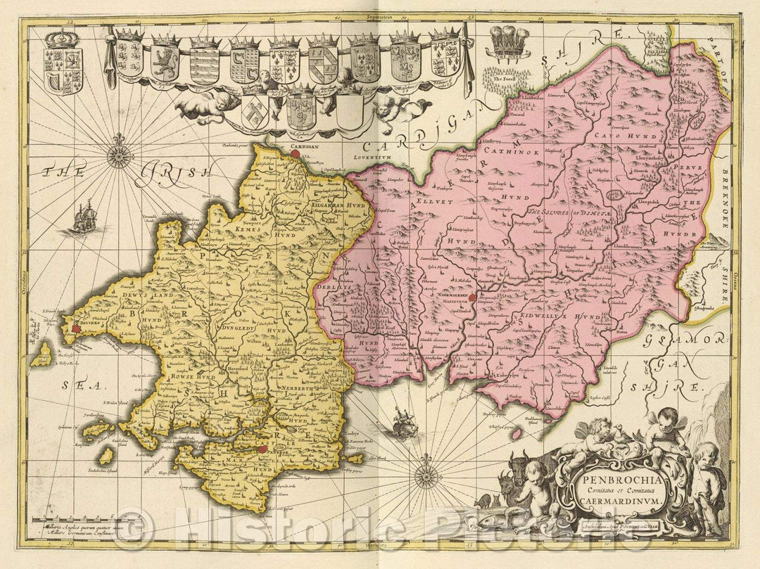 Historic Map : Penbrochia Comitatus et Comitatus Caermardinum., c. 1708 , Vintage Wall Art