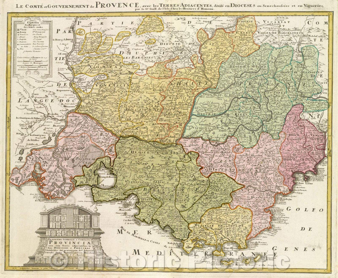 Historic Map : Praefectura generalis and Comitatus Provinciae una cum terris adjacentibus in suas dioeceses and praeturas subdivisus... , c. 1742 , Vintage Wall Art