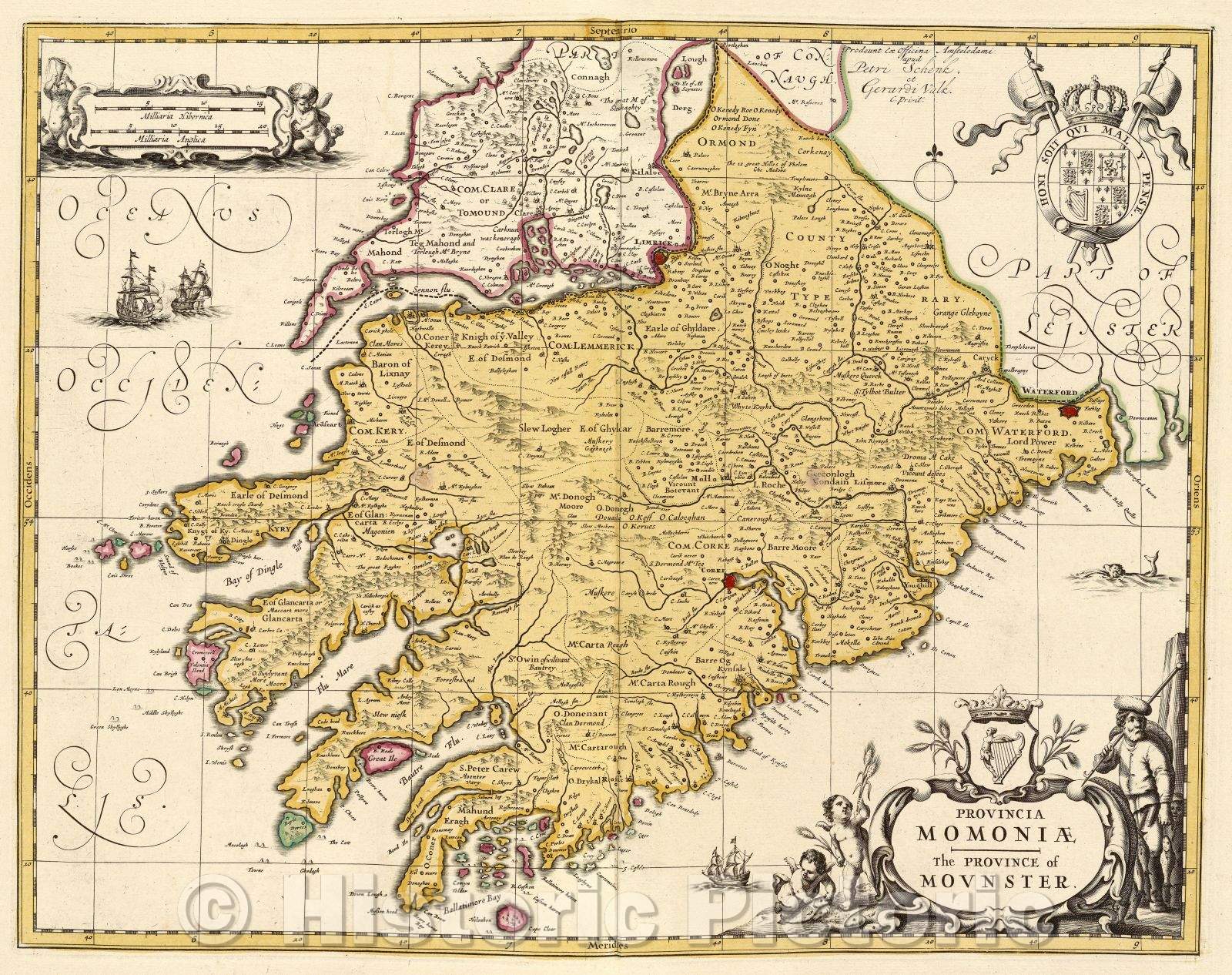 Historic Map : Provincia Momoniae The province of Mounster., c. 1708 , Vintage Wall Art
