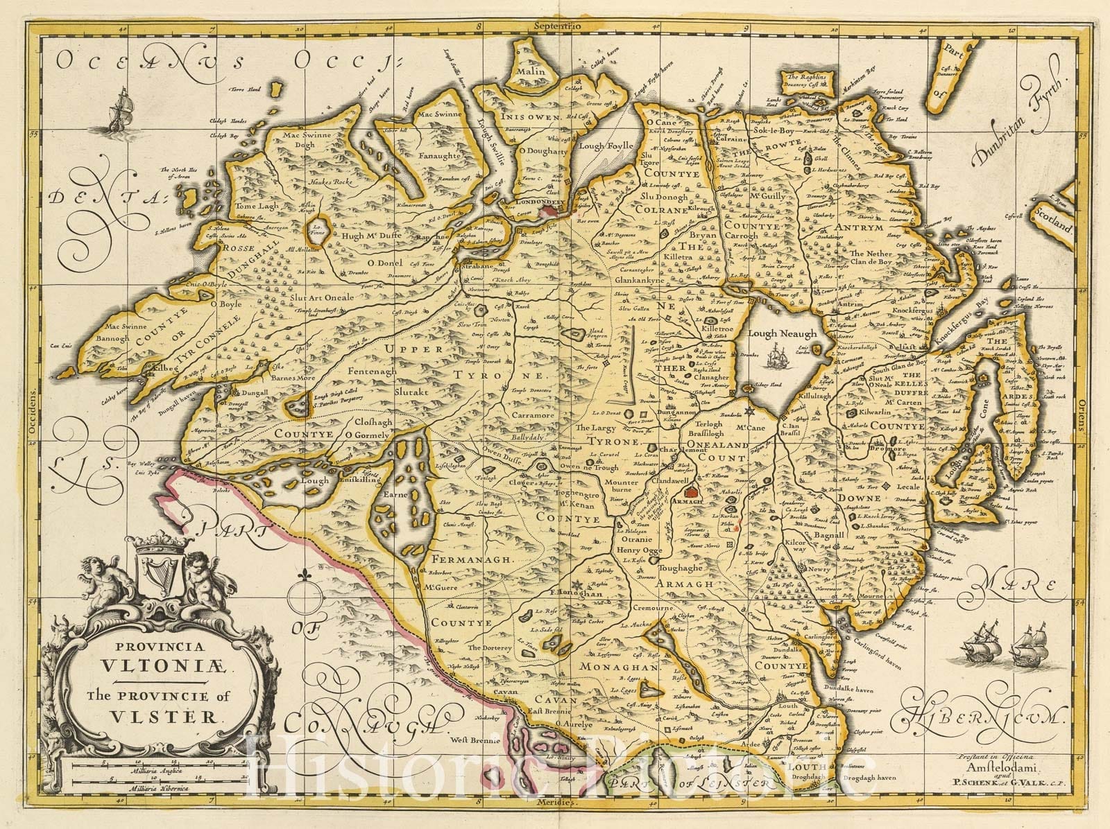 Historic Map : Provincia Ultoniae. The province of Ulster., c. 1708 , Vintage Wall Art